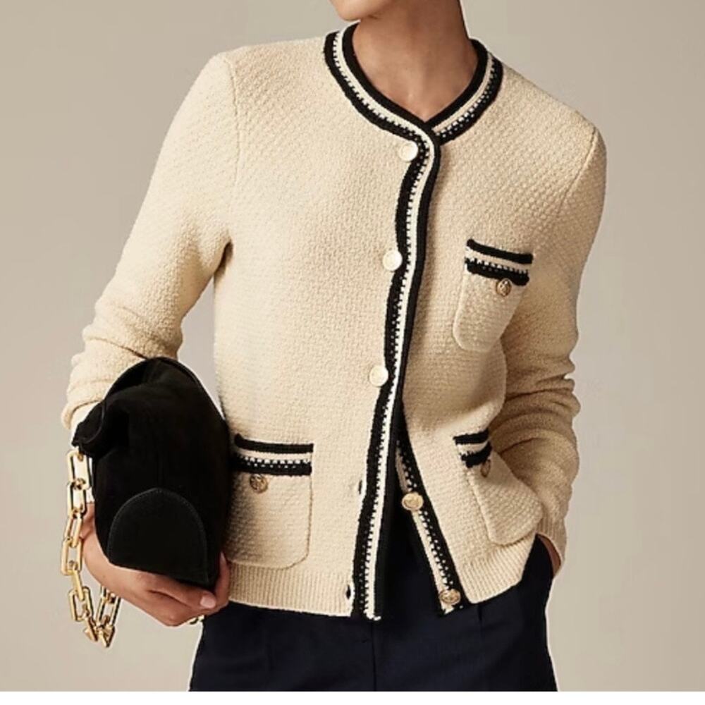 J Crew Contrast Trim Lady Sweater Cardigan Jacket Women's XS Beige Black